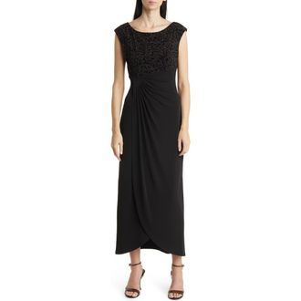 Connected Beaded Bodice Cap Sleeve Faux Wrap Cocktail Dress in Gold at Nordstrom Rack, Size 16