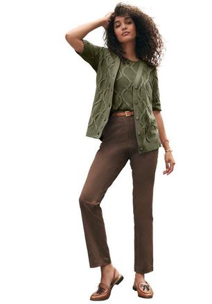 Jessica London Elbow Sleeve Cable Cardigan in Dark Olive Green at Nordstrom, Size 12