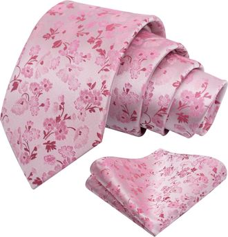 Alizeal Mens Floral Patterned Tie with Pocket Square Stylish Unique for Business Wedding Party Necktie Set, Bright Pink