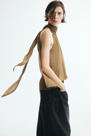 H&M Tie-detail Chiffon Top in Khaki Green at Nordstrom, Size X-Small