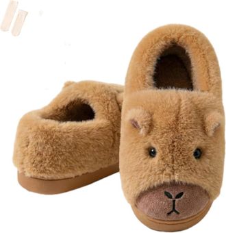 Generic Capybara Slippers for Women Kids Cute Animal Plush Home Shoes Warm Fuzzy Winter Indoor Footwear (Light brown Full-cover, M, Adult, Women, 9, Numeric R