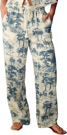 Next Tree Print Wide Leg Drawstring Pants in White/Blue at Nordstrom, Size 4 Us