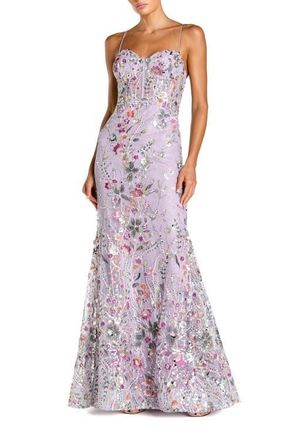 Mac Duggal Spaghetti Strap Multicolor Floral Embroidered Trumpet Gown in Lilac Multi at Nordstrom, Size 6