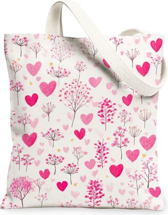 Generic Floral Heart Canvas Tote Bags, Romantic Blossom Design Reusable Shopping Bags, Spring Lightweight Washable Shoulder Strap C, Peach, 13x15 Inch