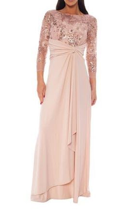 OLEG CASSINI Mesh Sequin Three-Quarter Sleeve Gown in Blush at Nordstrom Rack, Size Medium