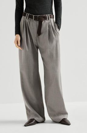 Brunello Cucinelli Sparkling virgin wool pinstripe track trousers with monili in Silver at Nordstrom, Size 34