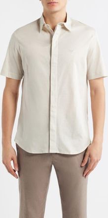 Emporio Armani Textured Stripe Short Sleeve Knit Cotton Button-Up Shirt in Tan at Nordstrom, Size Xx-Large