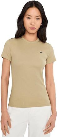 Lacoste Slim Fit Ribbed Cotton T-Shirt Womens Clothing Beige : 10 (EUR 42)