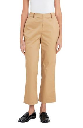 English Factory Faux Leather Trim Crop Flare Twill Pants in Tan at Nordstrom, Size X-Small