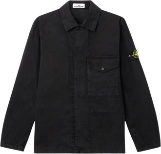 Stone Island Logo Patch Shirt - Heren - Zomerjassen - Zwart - M - Katoen - Jassen