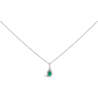 House of Brilliance 10K White Gold 5x3mm Gemstone and Diamond Accent Halo Pear Shape 18 Pendant Necklace in Green Emerald | White at Nordstrom