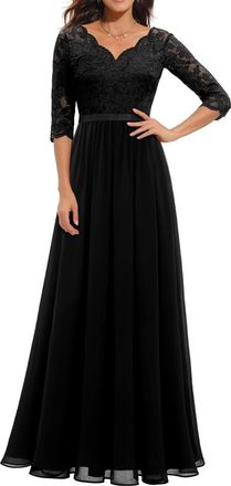 Generic Evening Dresses for Women UK V Neck 3/4 Sleeve Chiffon Dresses Lace Maxi Prom Dress Ladies Wedding Guest Outfit Empire High Waist Bridesmaid Dresses E