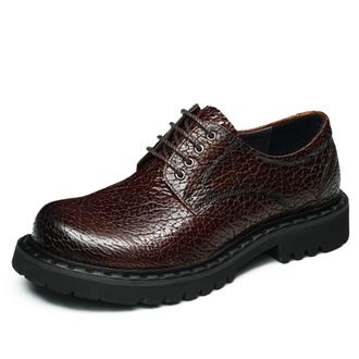 Generic Mens Low Block Heel Platform Shoes Lace Up Formal Business Work Shoe Round Toe PU Leather Casual Shoes,Brown,5.5 UK