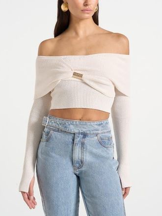 Mani&egrave;re De Voir Shana Asymmetric Bardot Top With Hardware Detail in Cream at Nordstrom, Size X-Small