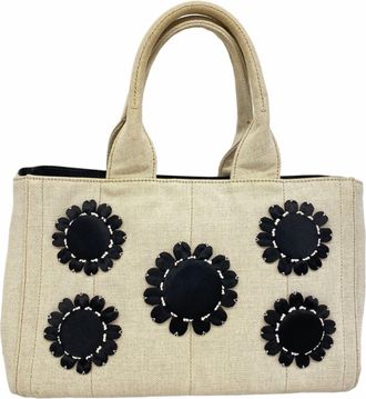 Prada Beige Black Canvas Satin Tote Bag (Pre-Owned)