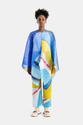 Pleats Please Issey Miyake Womens Stole City Collage Madame-T Blue-Yellow Top