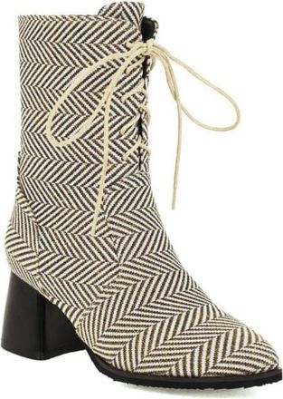 Generic Womens Mid-Calf Lace Up Boots PU Leather Denim Herringbone Block Heels Comfortable Non Slip Durable for Daily Wear Street Fashion Party,Apricot,9.5 UK