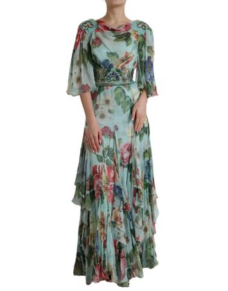 Dolce & Gabbana Floralprint Zijde Chiffon Lange Jurk