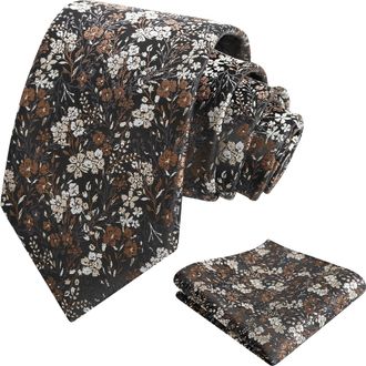 Alizeal Mens 8cm Colorful Floral Necktie and Pocket Square Classic Wedding Tie and Hanky Set, Black+Brown