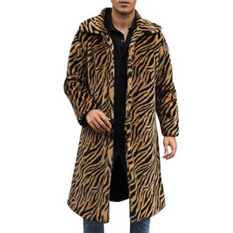 Generic Mens Faux Fur Animal Print Coat, Long Warm Overcoat, Stylish Tiger Striped Winter Jacket, Button Closure Furry Outerwear, Casual Fashion Coat for Part