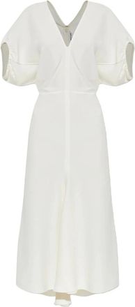Victoria Beckham Kleedjes, Dames, Beige, M, Blouson Detail Midi Jurk