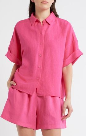Boss Orange by Hugo Boss Bisenas Linen Blend Button-Up Shirt in Magenta at Nordstrom, Size 14