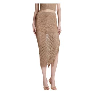 Simona Corsellini Midi Skirts, female, Beige, Size: M Crochet Lurex Skirt with Slit and Fringes