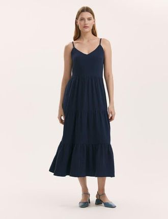 Finery Emmie Cotton Strappy Midi Tiered Dress in Navy at Nordstrom, Size 16
