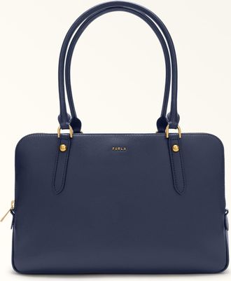 Furla Giulia Borsa Boston L Mediterraneo Blu Pelle Stampata + Camoscio Donna