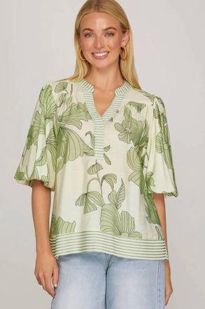 She + Sky Bubble Sleeve Blouse In Light Sage
