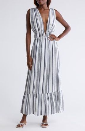 Nordstrom Ruched Plunge Maxi Cover-Up Dress in Navy Stripe at Nordstrom Rack, Size Large