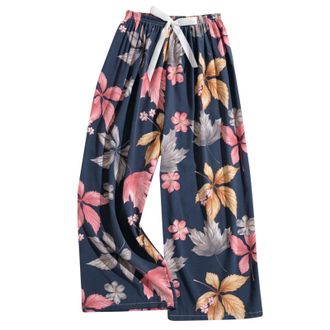 Generic Womens Pajama Bottoms Drawstring Elastic Waist Cropped Trousers Floral Printed Wide Leg Lounge Pants Casual Loose Fit Comfortable Sleep Pants for All 