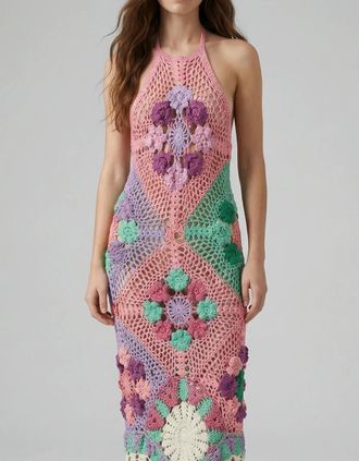 Oceanus Womens Rowan Halter Maxi Crochet Pink Dress - Size: 10/8