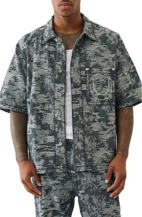 True Religion Super T Oversize Short Sleeve Distressed Denim Button-Up Shirt in Midnight Rider Dark Wash at Nordstrom, Size Xxx-Large