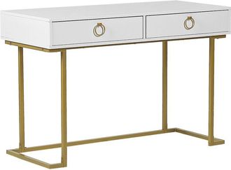 Beliani Beliani - Consola blanca 2 cajones con tiradores de anillo base de metal dorado acabado mate escritorio de oficina mesa decorativa estilo glam