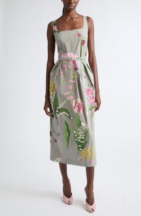 Oscar De La Renta Mixed Botanical Pleated Cotton Stretch Poplin Midi Dress in Grey Multi at Nordstrom, Size 6