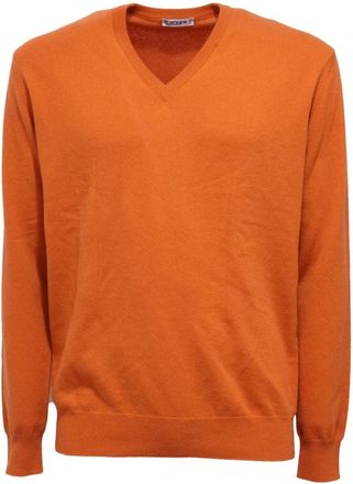 KANGRA Kasjmiertrui met Alcantara Patches - Heren - V-hals truien - Oranje - 2XL - Kasjmier - Truien & Vesten