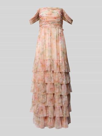 Jake*s Abendkleid mit Carmen-Ausschnitt und Volantsaum in Apricot Melange, Gr&ouml;&szlig;e 32