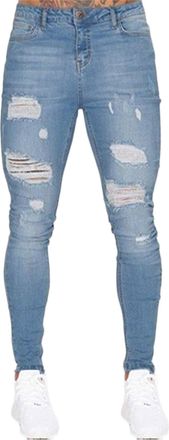 Generic JIER Mens Stretch Slim Fit Ripped Denim Pants Destroyed Stretch Regular Fit Jeans Skinny Stretch Distressed Trousers (Light Blue,XXL)