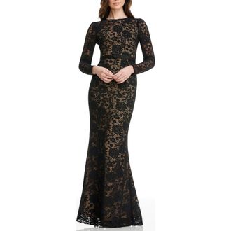 Dress The Population Tamra Floral Lace Long Sleeve Mermaid Gown in Black at Nordstrom Rack, Size Large
