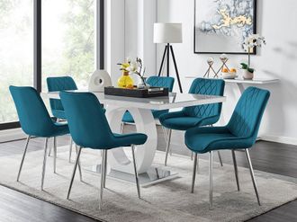 Furniturebox Giovani 6-Seater Grey Glass Dining Table & 6 Pesaro Soft Velvet Dining Chairs in Blue