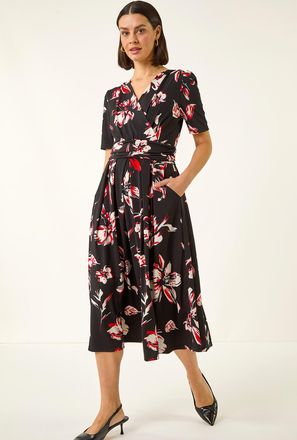 Roman Floral Print Wrap Midi Stretch Dress