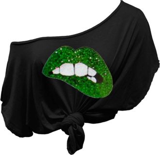 Janisramone Womens Ladies New Slogan Printed Off Shoulder Tie Knot Front Short Sleeve Baggy Oversized Crop T-Shirt Top