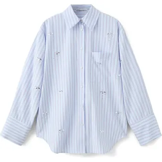 Mango Crystal Embellished Stripe Button-Up Shirt in Sky Blue at Nordstrom, Size 2