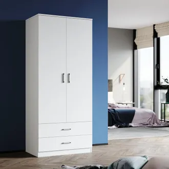 Elegant Lighting Soft Close Wardrobe Double 2 Doors Wardrobe with Shelves and Metal Handles Bedroom Large Storage Wardrobe, White - Elegant