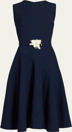 Oscar De La Renta Sleeveless Crystal Belted Stretch Wool Midi Dress