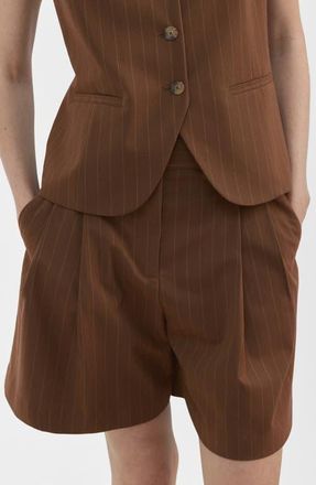 Mango Pleated Pinstripe Straight Fit Bermuda Shorts in Caramel at Nordstrom, Size 2