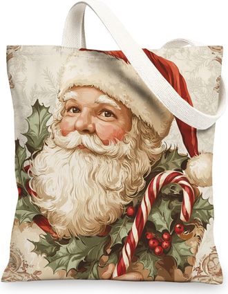 Generic Vintage Christmas Santa Claus Canvas Tote Bag for Shopping 13x15, Retro Aesthetic Xmas Reusable Grocery Print Pattern Bag for Women Men, Holiday New Y