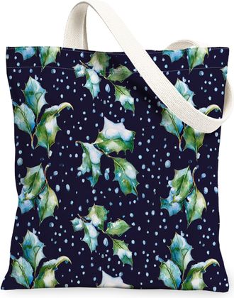 Generic Holly Canvas Tote Bags, Eco-Friendly Holiday Leaf Pattern Reusable Shopping Bags, Modern Chic Lightweight Washable Shoulder Strap Canvas for Travel Be