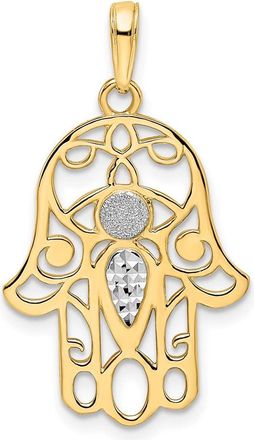 Diamond2Deal 14k Yellow Gold White Rhodium Diamond-Cut Evil Eye Hamsa Pendant